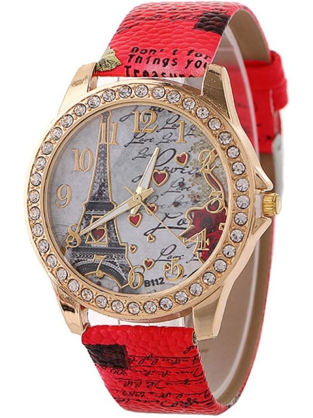 Women's Red Leather Strap Bling Rhinestone Accented Eiffel Tower Wrist Watches